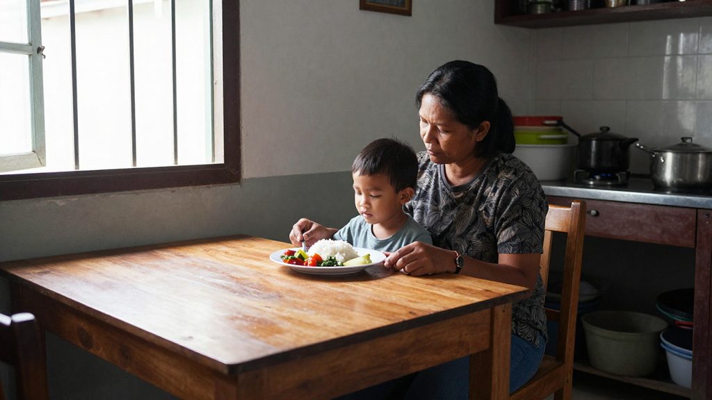 Ilustrasi ibu mendampingi anak makan di rumah