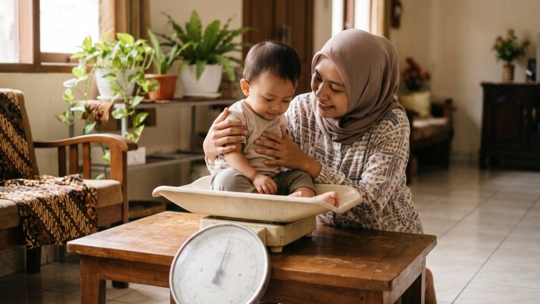 Ibu mendampingi anak menimbang berat badan di rumah dengan tenang