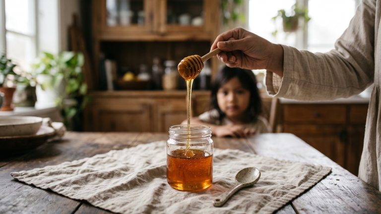 Madu mengalir dari sendok kayu ke dalam jar kaca di meja dapur