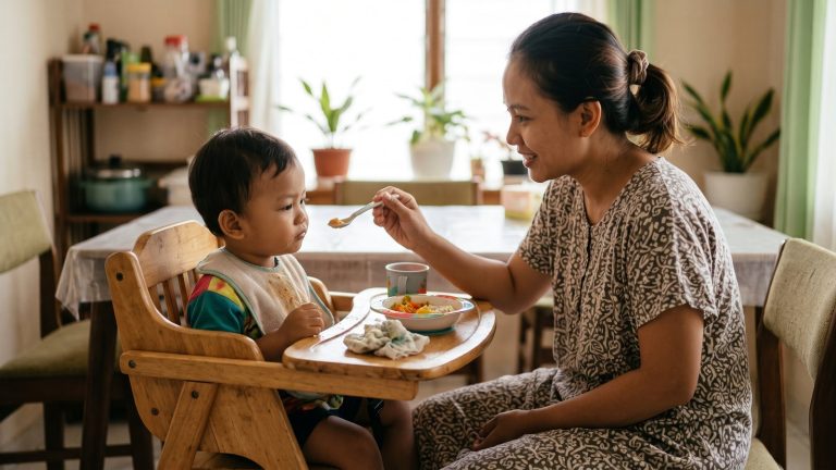 Anak menolak makan di kursi makannya sementara ibu menunggu dengan sabar