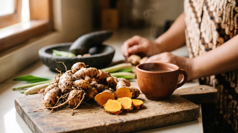 Temulawak segar diiris di papan kayu dengan seduhan herbal hangat